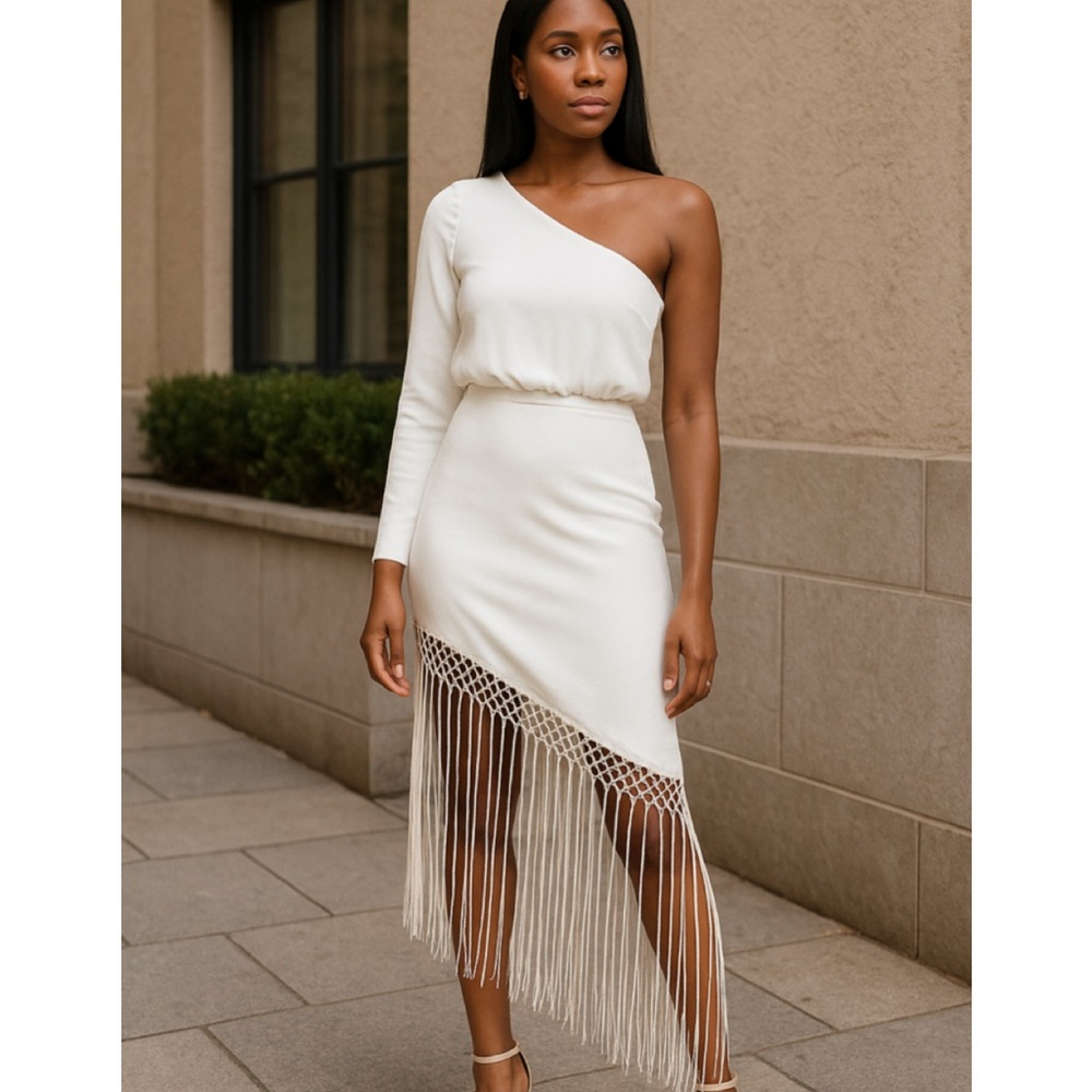 LULUS Ivory One Shoulder Fringe Midi Dress Small NWT Bridal Shower Wedding Guest